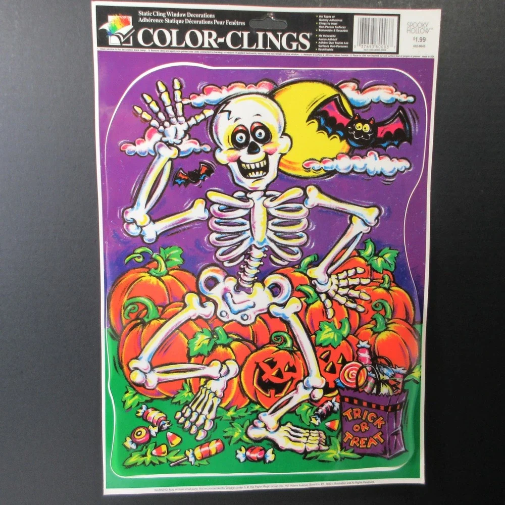 2 Vintage COLOR-CLINGS Halloween Static Window Clings Skeleton Pumpkins Bat